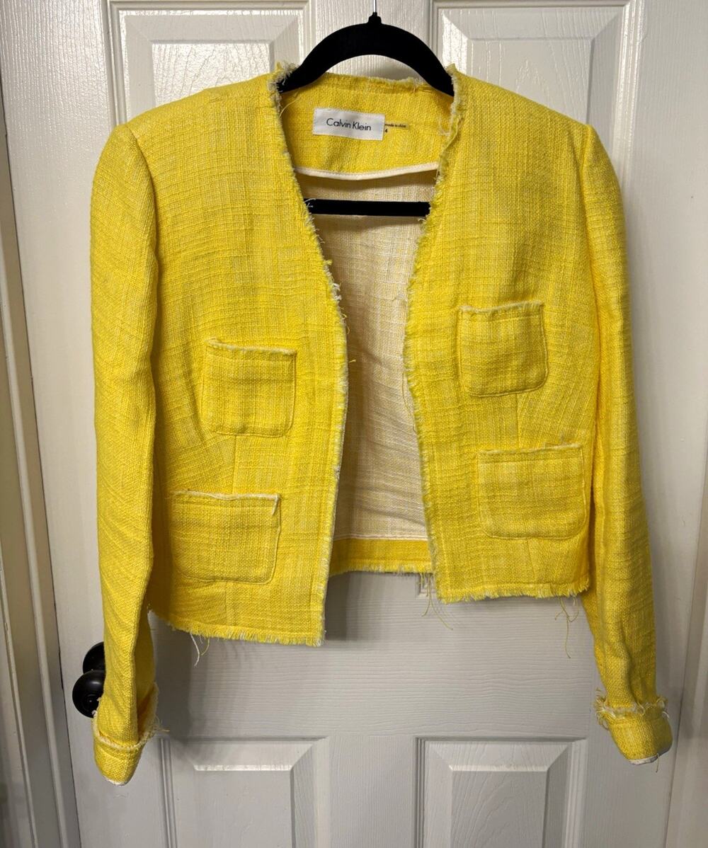 Calvin Klein Women's Yellow Open Front Fringe Lined Jacket Size 4